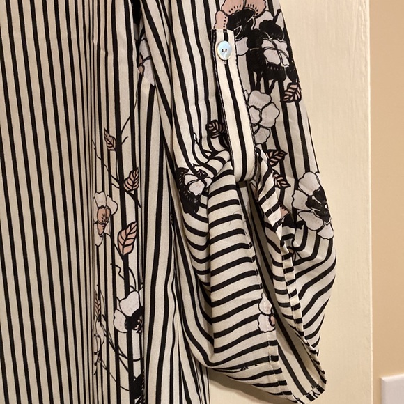 Black Rain stripe and floral black white pink shirt - Picture 3 of 5